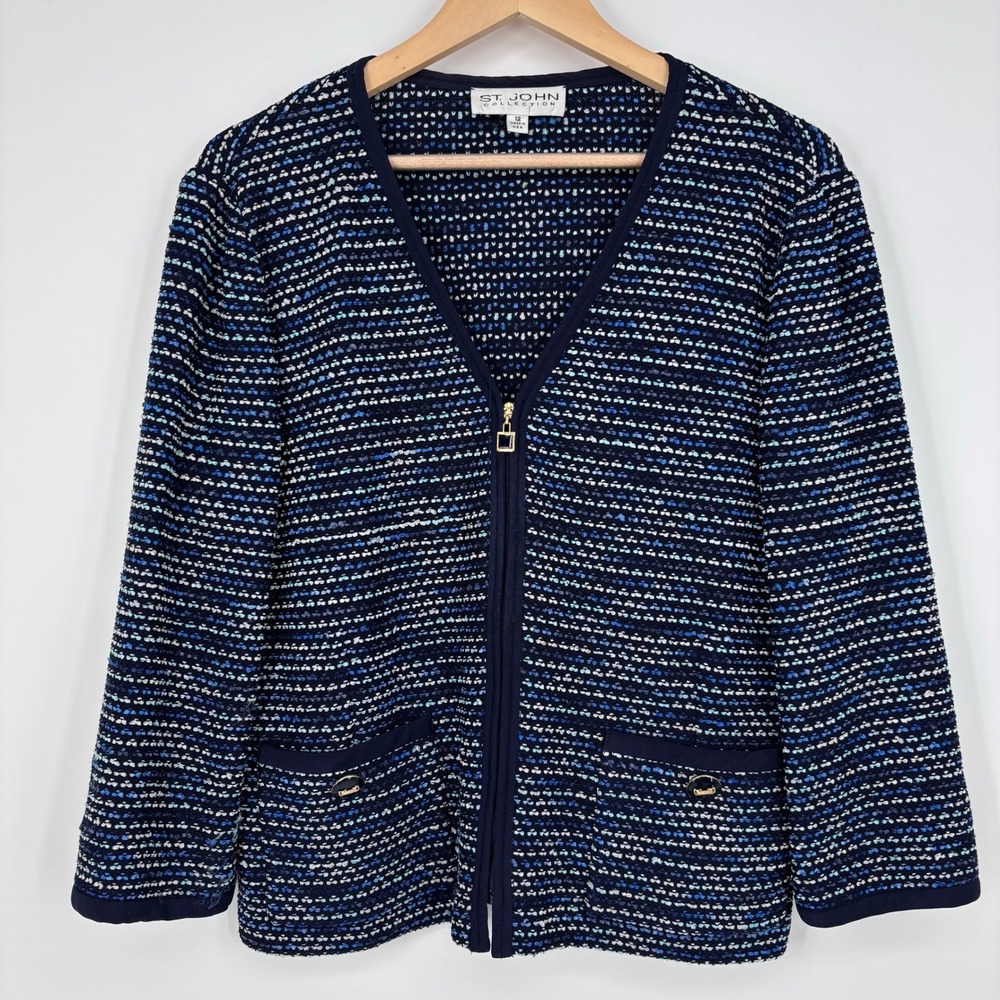 St. John Collection Santana Knit Zip Front Cardigan Jacket Women 12 Blue Tweed